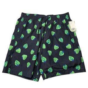 H&M Swim Shorts Mens Large Black Green Strawberry Print Knee Length Trunks NEW